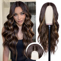 NAYOO Long Dark Brown Mixed Chestnut Wavy Wig for Women 26 Inch Middle Part Lace Hairline Curly Wavy Wig Natural Looking Synthetic Heat Resistant Fiber Wig for Daily Party Use