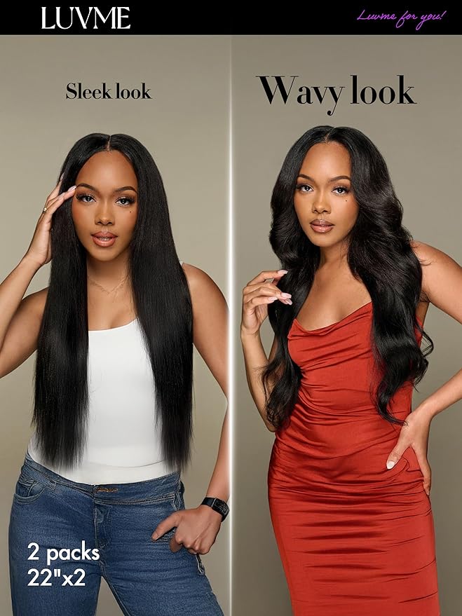 LUVME Yaki Straight LUVME Seamless 2 Pack 220g 14Pcs Clip in Hair Extensions Full Max with 18inch Remy Human Hair Extensions, Natural Black 100% Real Soft Human Hair