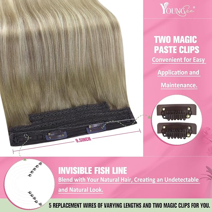 YoungSee 130G Wire Hair Extensions Human Hair Ombre Hair Extensions Wire Balayage Ash Blonde Ombre Platinum Blonde Fish Line Extension Real Human Hair for Women 22inch