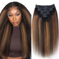 Kinky Straight Clip in Hair Extensions Real Human Hair For Women Highlight Hair Extensions Kinky Straight Clip ins (24inch,T1BP1B/30)