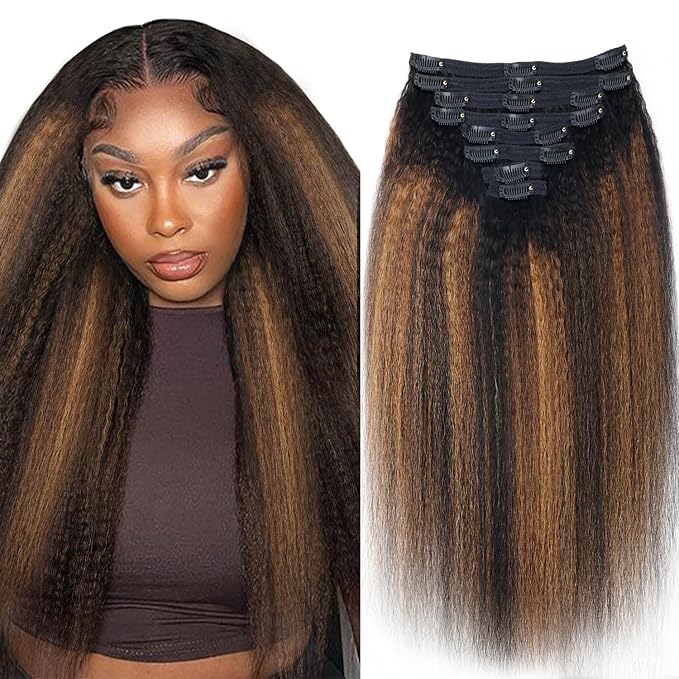 Kinky Straight Clip in Hair Extensions Real Human Hair For Women Highlight Hair Extensions Kinky Straight Clip ins (24inch,T1BP1B/30)