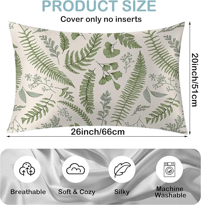 Satin Pillowcase 1 Pack-Leaves Herbs and Wildflowers Eucalyptus Silky Pillow Cover for Hair and Skin,Standard Size 20x26 Inch Soft Cooling Printed Pillow Cases with Hidden Zipper,Gifts for Women Men