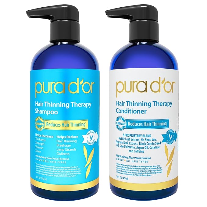PURA D'OR Hair Thinning Therapy Biotin Shampoo and Conditioner Set, CLINICALLY TESTED Effective Results, Hair Thickening Products For Women & Men, Natural Routine, Color Safe, 16oz x2