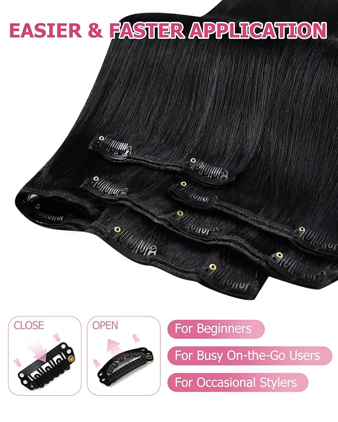 YoungSee 150G Clip in Hair Extensions Real Human Hair Jet Black Clip Hair Extensions Human Hair Black Invisible Clip in Extension Remy Hair Silky Straight for Women 20Inch 7Pcs
