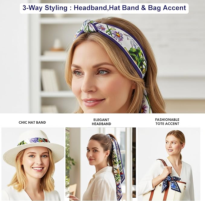 Skinny Scarf 3 Pack for Women – Bag Scarf, Silk Hair Scarves (Original Prints, Premium Twill, 3 Designs)