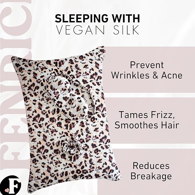 Satin Pillowcase Gift Set for Women – Brown Leopard, Silky Soft, Reduces Frizz | Includes Satin Eye Mask & Scrunchie | for Curly Hair, Sensitive Skin | Perfect