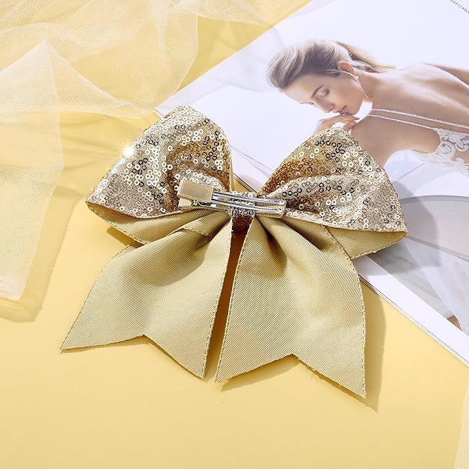 Large Glitter Cheer Bows Clips, Jumbo Big 7 Inch Cheerleading Sequin Hair Bow Hair Accessories for Teens Girls Football Sports Cheerleader Outfit Uniform (Gold)