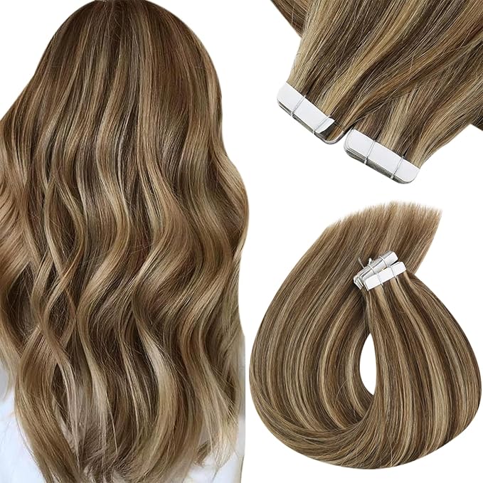 Sunny Hair Tape in Hair Extensions Human Hair 24 Inch Hair Extensions Real Human Hair Tape in Extensions for Women Medium Brown Highlights Caramel Blonde Remy Hair Straight Skin Weft 40pcs 100g