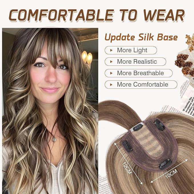 Rich Choices Real Human Hair Toppers for Women With Bang 100% Remy Human Hair Topper for Thinning Hair Clip in Silk Base Hair Topper 10 Inch #4P27 Medium Brown Mix Dark Blonde
