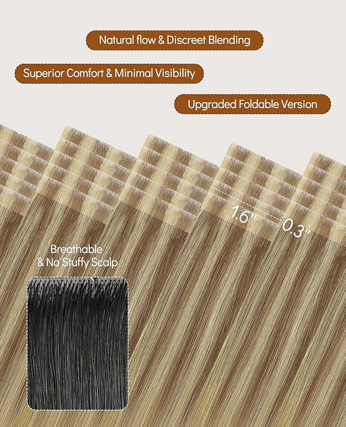 VINBAO Invisi Edge Tape in Extensions Real Human Hair, Balayage Golden Brown Fading to Golden Blonde, Seamless Injection Tape in Hair Extensions 20pcs 40g 14inch #10/16/16