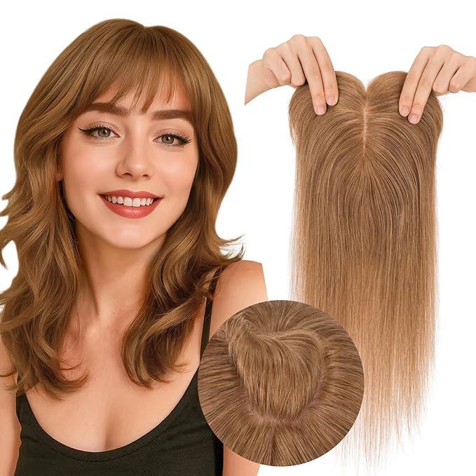 Real Human Hair Toppers for Women 3.54"*4.72" Silky Base 150% Density With Bangs Adjustable Parting Clip-In Topper Hairpieces for Women with Thinning Hair 10 Inches Light Brown