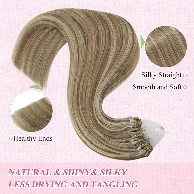 YoungSee Microlink Hair Extensions Brown Micro Bead Hair Extensions Real Human Hair Highlight Brown with Blonde Micro Ring Hair Extension Human Hair 20In Invisible Beaded Hair Extension 50s 50g