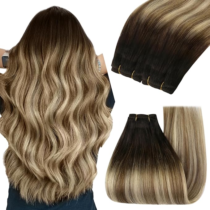 YoungSee Weft Hair Extensions Brown Balayage Sew in Extensions Ombre Hand Tied Weft Hair Extensions Human Hair for Women Dark Brown Roots to Medium with Ash Blonde 100G 20In