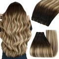 YoungSee Sew in Hair Extensions Real Human Hair Brown Ombre Human Hair Weft Extensions Dark Brown Roots to Medium with Blonde Hair Extension Sew in Long Straight Hair 100G 22Inch
