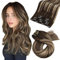 Moresoo Real Hair Extensions Clip in Human Hair Brown Ombre Blonde Mix Medium Brown Balayage Clip in Hair Extensions Long Silky Straight 5pcs 80G 22inch