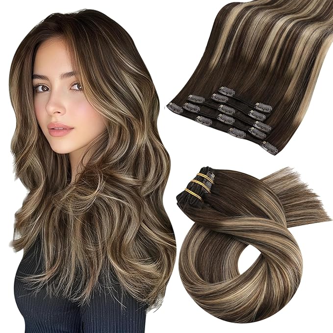 Moresoo Real Hair Extensions Clip in Human Hair Brown Ombre Blonde Mix Medium Brown Balayage Clip in Hair Extensions Long Silky Straight 5pcs 80G 22inch