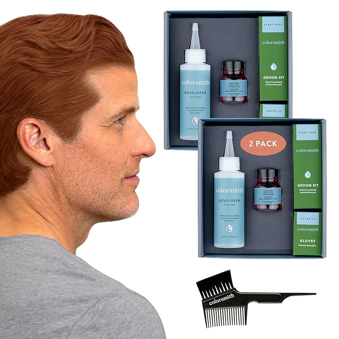 Hair & Beard Color for Blending Grays 2 pack - Dark Intense Copper Blonde - Ammonia-Free Complete Men’s At-home Beard & Hair Dye Kit, Professional-grade Demi-Permanent Hair Color (7.40)
