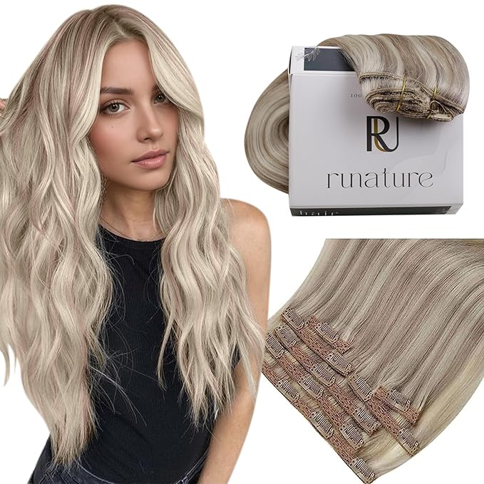 RUNATURE Human Hair Clip in Extensions, Long Clip in Hair Extensions Real Human Hair Blonde, Straight Remy Natural Hair, Add Length, 22 Inch 120g 7pcs #19P60 Grey Blonde Highlights