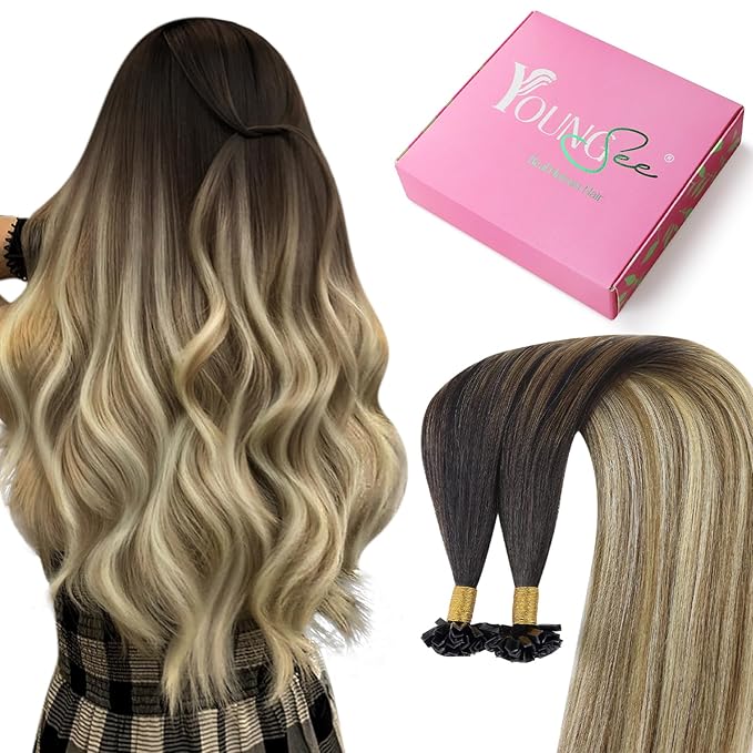 YoungSee K Tips Hair Extensions Brown Balayage K Tip Hair Extensions Remy Human Hair for Women Ombre Brown to Blonde 22In 1g/s 50g