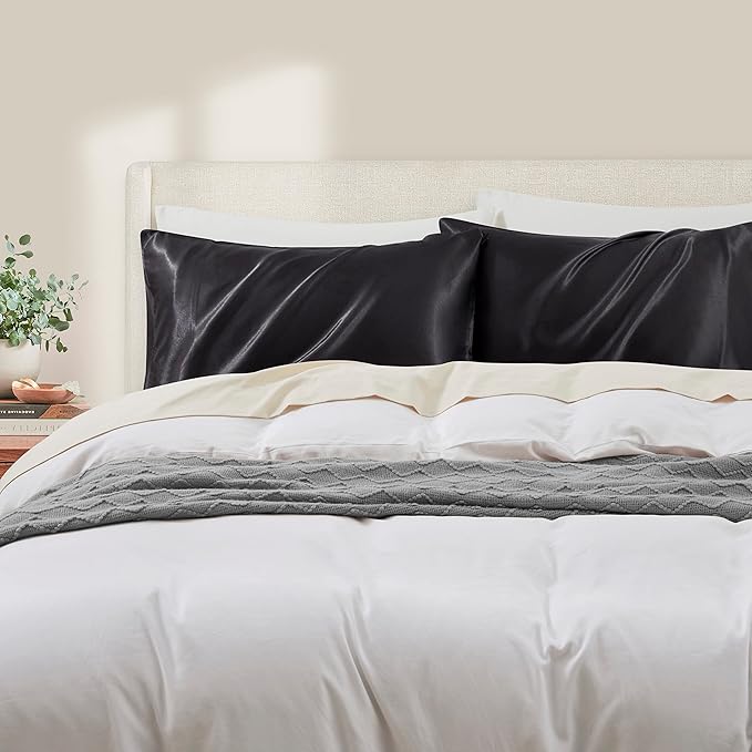 Black Satin Pillowcase Standard Set of 2 with Envelope Closure，Black Silk Pillowcase for Hair and Skin (20x26)