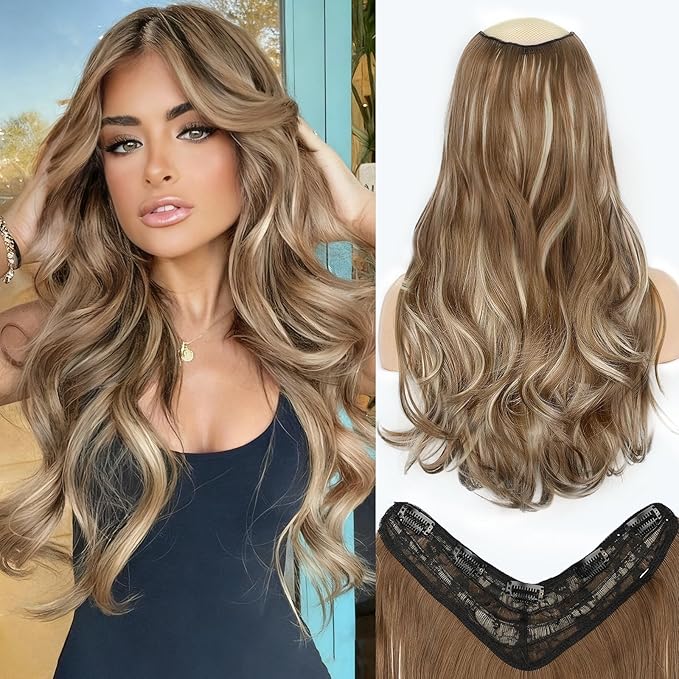 ALXNAN Long Wavy Hair Extensions for Women, Clip in Hair Extensions Clip Ins Soft Full Head Synthetic Hairpieces 20 Inch Medium Brown Ash Blonde