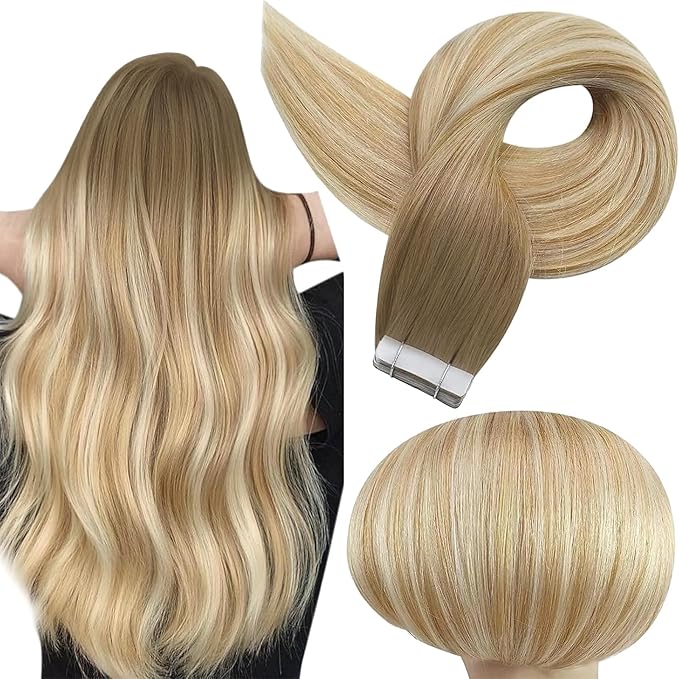 Full Shine Ombre Tape in Hair Extensions Real Human Hair Color 6/27/60 Balayage Blonde Invisible Tape in Extensions 30G Remy Hair Extension 12Inch Straight Seamless Skin Weft 20Pcs Silky Soft
