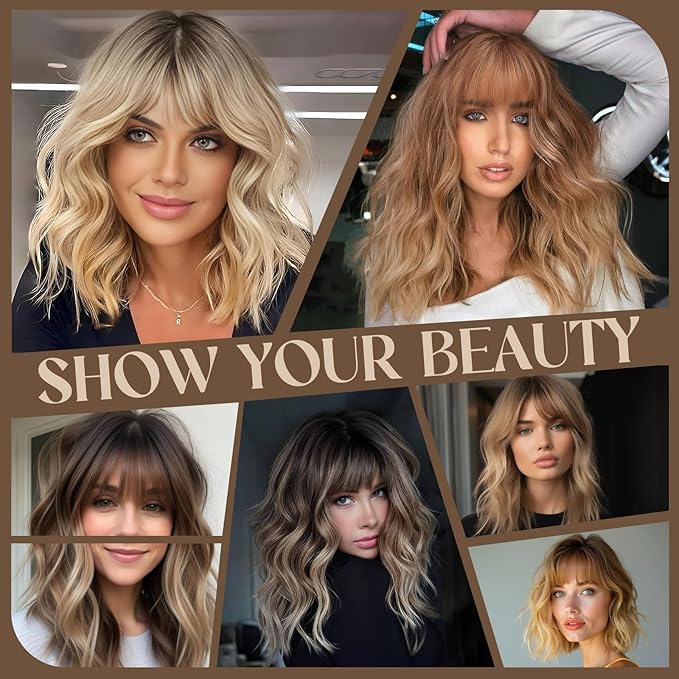 MISSQUEEN Ombre Blonde Wig with Bangs Short Wavy Brown Omber Blonde Wigs for Women Natural Looking Synthetic Heat Resistant Fiber Wig for Daily Party Cosplay Use