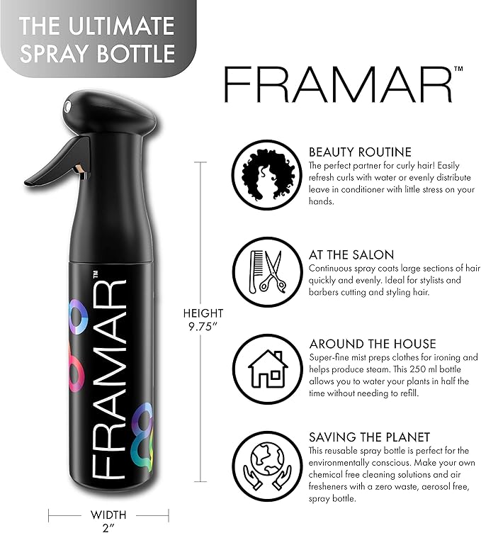 FRAMAR Premium Hair Mister Spray Bottle – Continuous Spray Bottle For Hair, Water Sprayer, Continuous Mister for Salon Supplies – Ultra Fine Mist – Black 250 ml