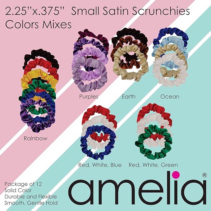 Amelia Beauty, Brown Satin Small Scrunchies, 12-Pack – No Damage Hair Ties for Women, Gentle & Durable Hair Accessories, 2.5in x 0.5in