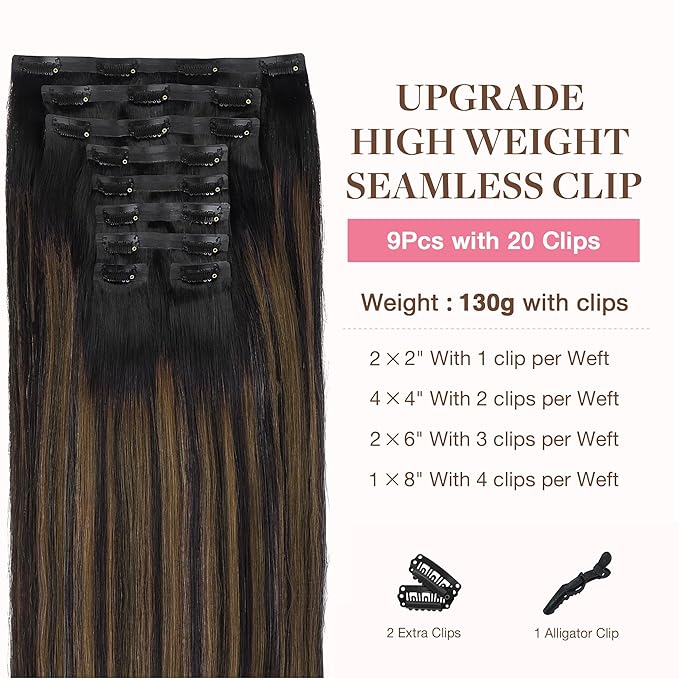 GOO GOO Clip in Hair Extensions Real Human Hair, Remy Human Hair Extensions Clip ins for Women, Natural Human Hair, 14inch 130g 9Pcs, 1B/6/1B Balayage Natural Black to Chestnut Brown