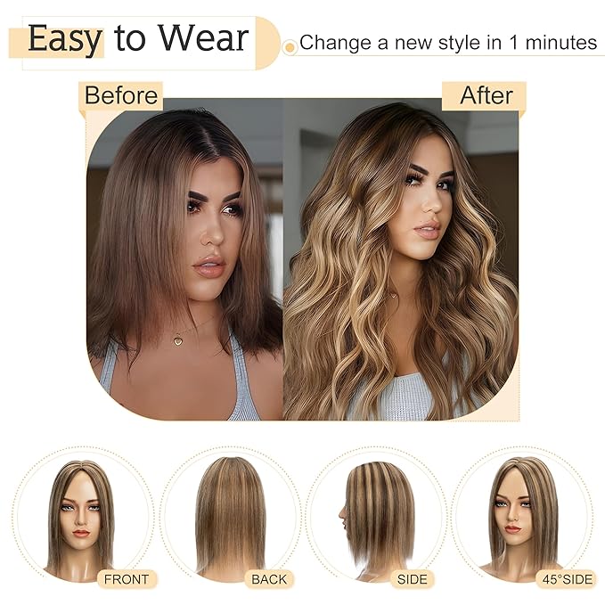 SEGO Human Hair Toppers for Women With Thinning Hair, 7 * 13CM Silk Base 100% Real Human Hair Clip in Top Wiglet Hairpieces /16 Inch No Bangs Medium Brown&Dark Blonde