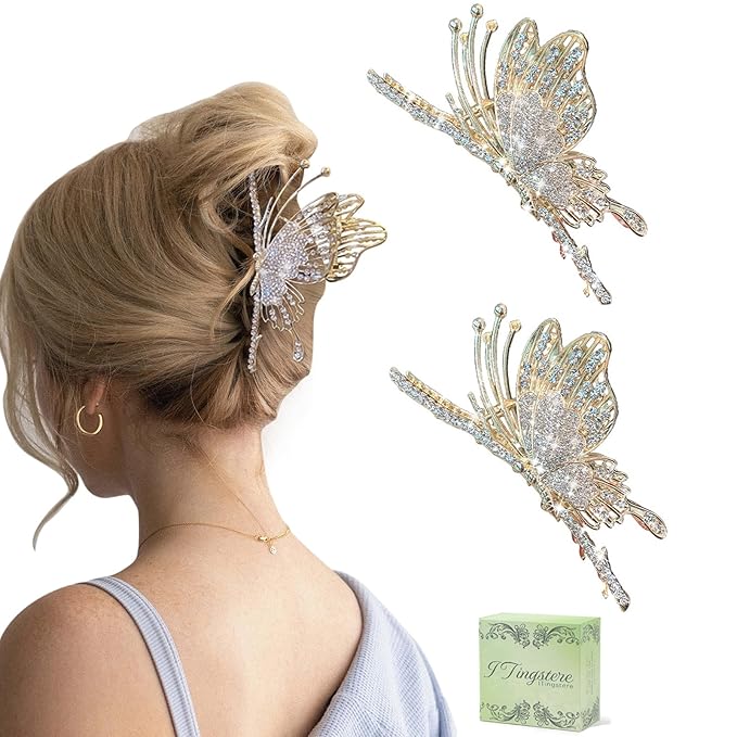 Butterfly Hair Claw Clips for Women, 2Pcs Rhinestone Large Non-Slip Strong Metal Clips for Thick Hair Styling, Hold, and Fashion Hair Accessories