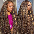 Highlight Deep Wave Wig 13x6 Ombre Lace Front Wig Human Hair Honey Blonde HD Lace Front Wigs Human Hair Pre Plucked 200% Density 4/27 Colored Curly Frontal Wigs for Women 24 Inch