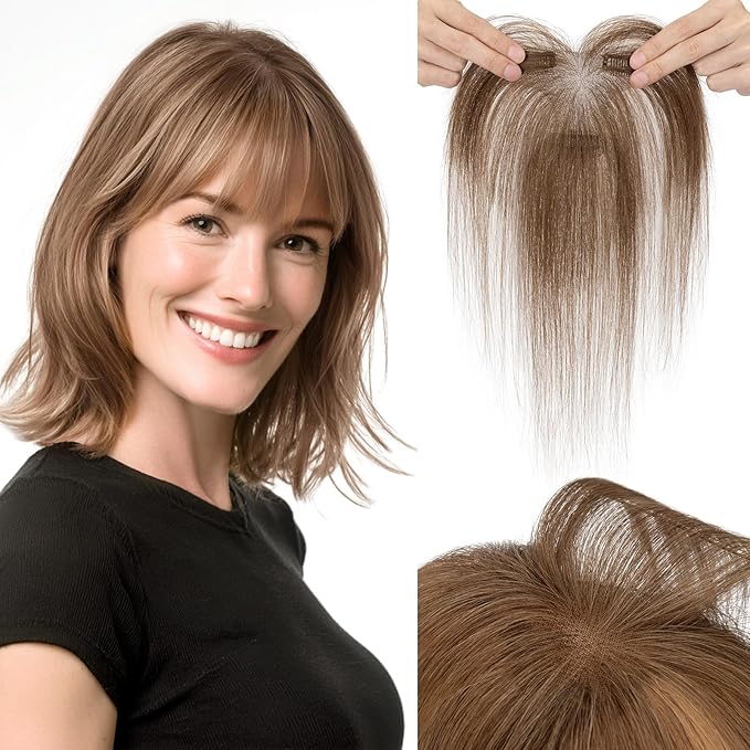 Hairro Human Hair Toppers with Wispy Bangs, 3D 360° Seamless Real Hair Toppers, Hand-Tied with 3.5"x4.7" T-shaped Base, Clip-In Hairpieces to Add Volume on Top, 11 Inch Medium Brown