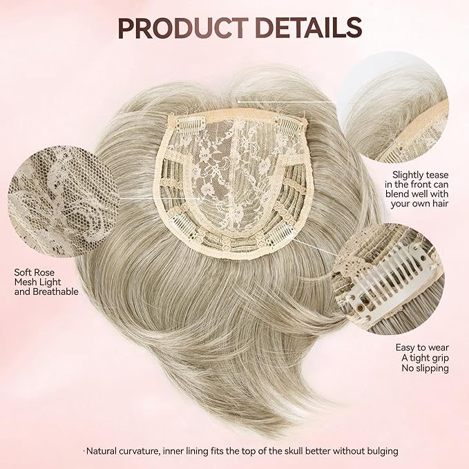 LEEONS Hair Topper for Women - Short Bob with Bangs & Side Part - Synthetic Wig Topper for Thinning Hair - Short Straight Bob - Ivory Blonde