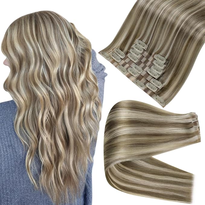 Full Shine Brown Blonde Highlighted Clip in Extensions Ash Brown Highlighted Platinum Blonde Seamless Clip in Highlighted Extensions Clip in 20 Inch 120 G 8 PCS