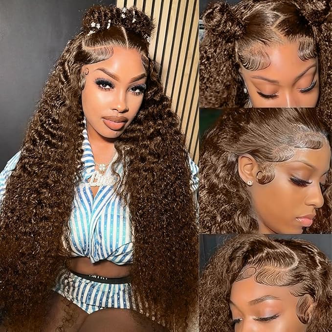 13x6 SKINLIKE Real HD Lace Frontal Wigs 250% Density Chocolate Brown Deep Curly Lace Front Wigs Human Hair 0.10mm Ultra-thin HD Lace Pre-Plucked with Baby Hair Brazilian Wig 22 Inch