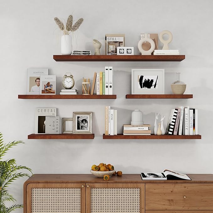 Fun Memories Solid Oak Wood Floating Shelves, 9.3 Inch Deep Natural Wood Shelf with Invisible Heavy Duty Bracket for Bathroom Bedroom Kitchen - 36inch Set of 2, Walnut