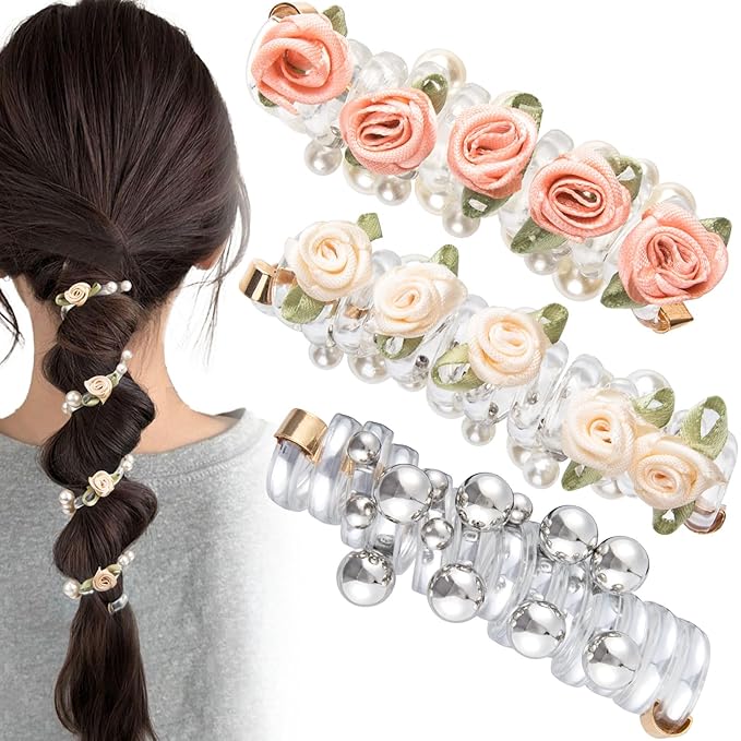3PCS Rose Bead Spiral Hair Ties, 2 Styles Phone Cord Ponytail Holders for Women, Elegant Rubber Hair Coils, Stylish Hair Accessories for Party, Daily Use