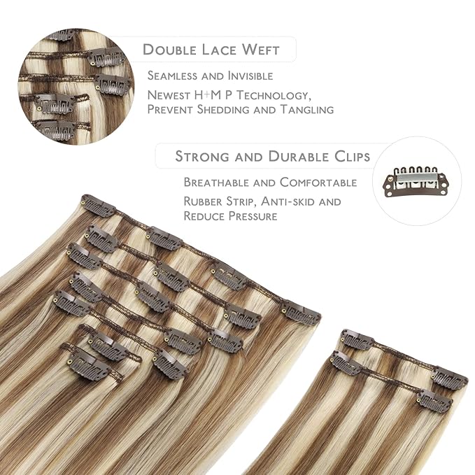 WENNALIFE Hair Extensions Clip In, 9pcs 18inch 150g Ash Brown Highlighted Golden Blonde Thicker Clip In Hair Extensions Real Human Hair Remy hair extension Double Weft Clip in Human Hair Extensions