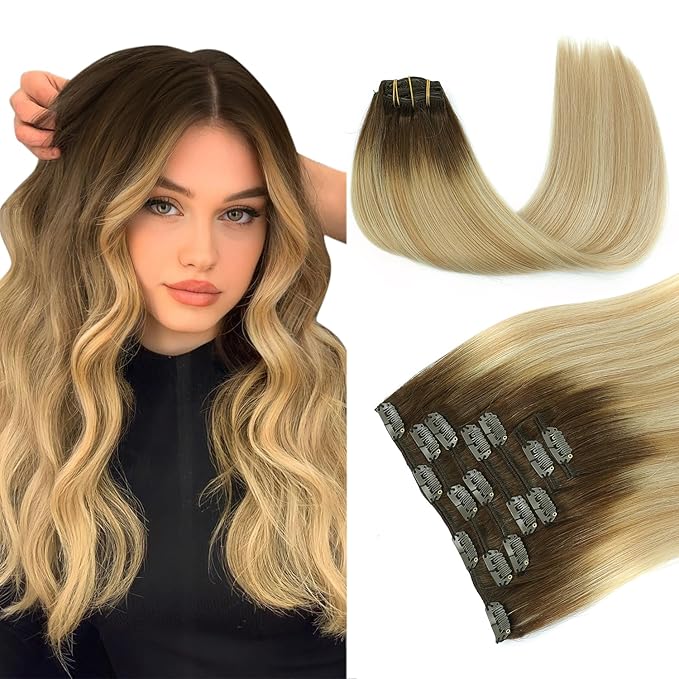 PINKPEARL Clip in Hair Extensions Real Human Hair, Remy Human Hair Extensions Clip ins, 16inch 120g 7Pcs, #4/27/60 Balayage Chocolate Brown to Caramel Blonde and Platinum Blonde(#4/27/60-16)