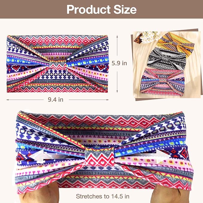 Wide Headbands for Women Knotted No Slip Head Bands Soft Turban Headband Hair Accessories Boho African Solid Color Head Wraps for Women Yoga Workout Pack of 6 (Retro)