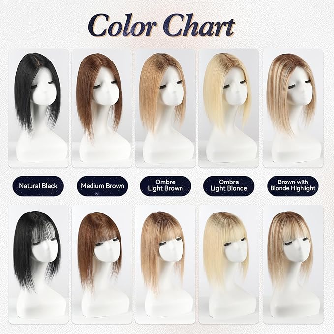 starluck Human Hair Toppers for Women Real Human Hair With Bangs 4 * 5.5 inch Base 12 inch SilkHug Topper for Women with Thinning Hair Cover Grey Roots(Ombre Light Brown)