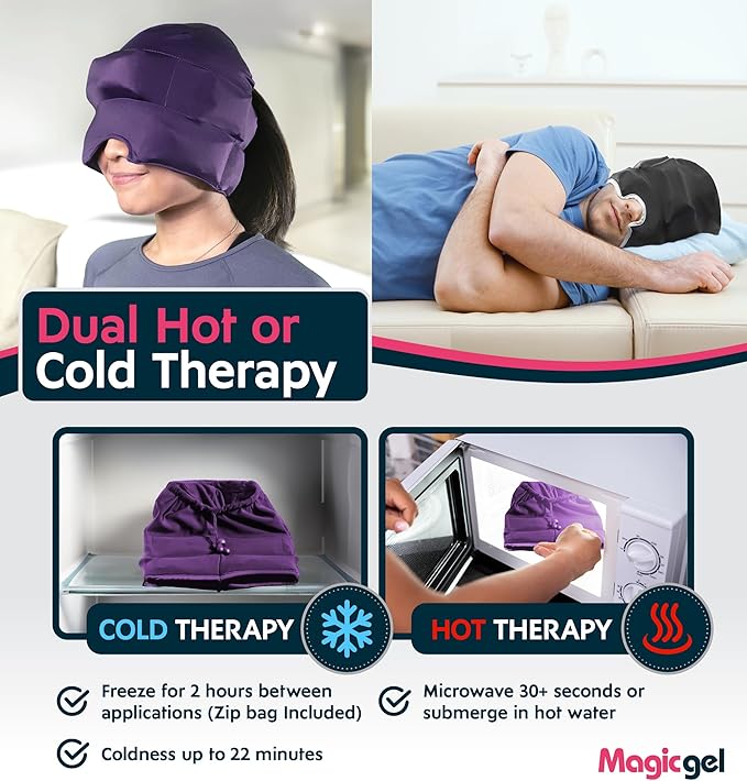 Magic Gel Migraine Ice Head Wrap | Real Migraine & Headache Relief | The Original Headache Cap | Cold, Comfortable, Dark & Cool; Endorsed by Physicians, Loved by Thousands - (2 Pack, Black & Purple)