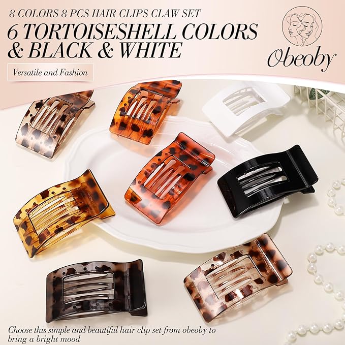 Obeoby 8 PCS Flat Hair Clips for Women, Strong-Hold French Flat Claw Clips for Thin Thick Hair Barrettes Medium Accessories (Tortoiseshell)