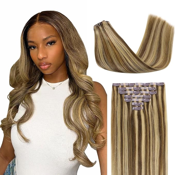 Lashey Seamless Clip in Hair Extensions Human Hair 24 Inch 110g 7pcs Balayage Ash Brown to Honey Blonde Long Straight Clip in Hair with PU Weft for Black Women