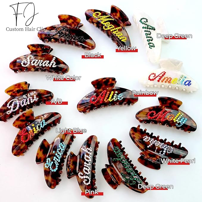 Personalized Colorful Name Hair Claw Clips for Women,Custom Hair Clips with Diamond,Cute Hair Accessories 4",Handmade Rhinestones Hair Clamp Gifts for Mom,Bride,Wife,Bridesmaid,Couples(Tortoise)