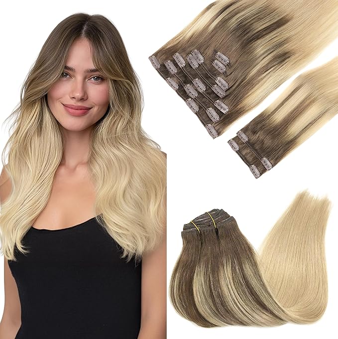 GOO GOO Clip in Hair Extensions Real Human Hair, Remy Human Hair Extensions Clip ins for Women, Natural Human Hair, 22inch 150g 9Pcs, 4/18 Balayage Chocolate Brown Highlighted Dirty Blonde