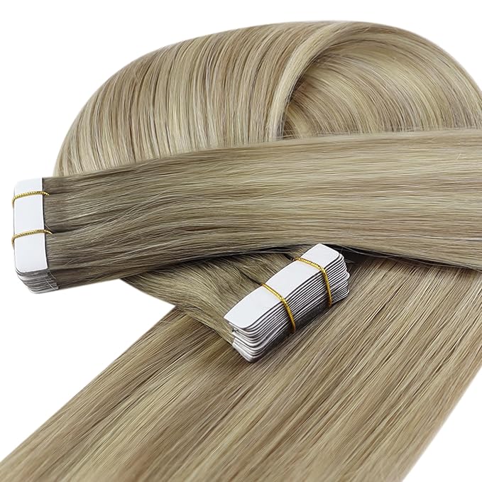 YoungSee Tape in Hair Extensions Human Hair Balayage Blonde Tape in Hair Extensions Ash Blonde with Platinum Blond Tape-in Human Hair Extension Ombre Tap ins Extension 20In 50g 20pcs for Wedding