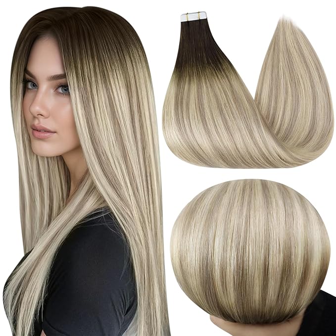 Full Shine Human Hair Tape in Extensions Tape ins 20INCH 50G 40PCS Color 2 Dark Brown to 18 Ash Blonde and 60 Blonde Straight Hair Extensions Seamless Natural Remy Hair Double Sided for Daily Wear